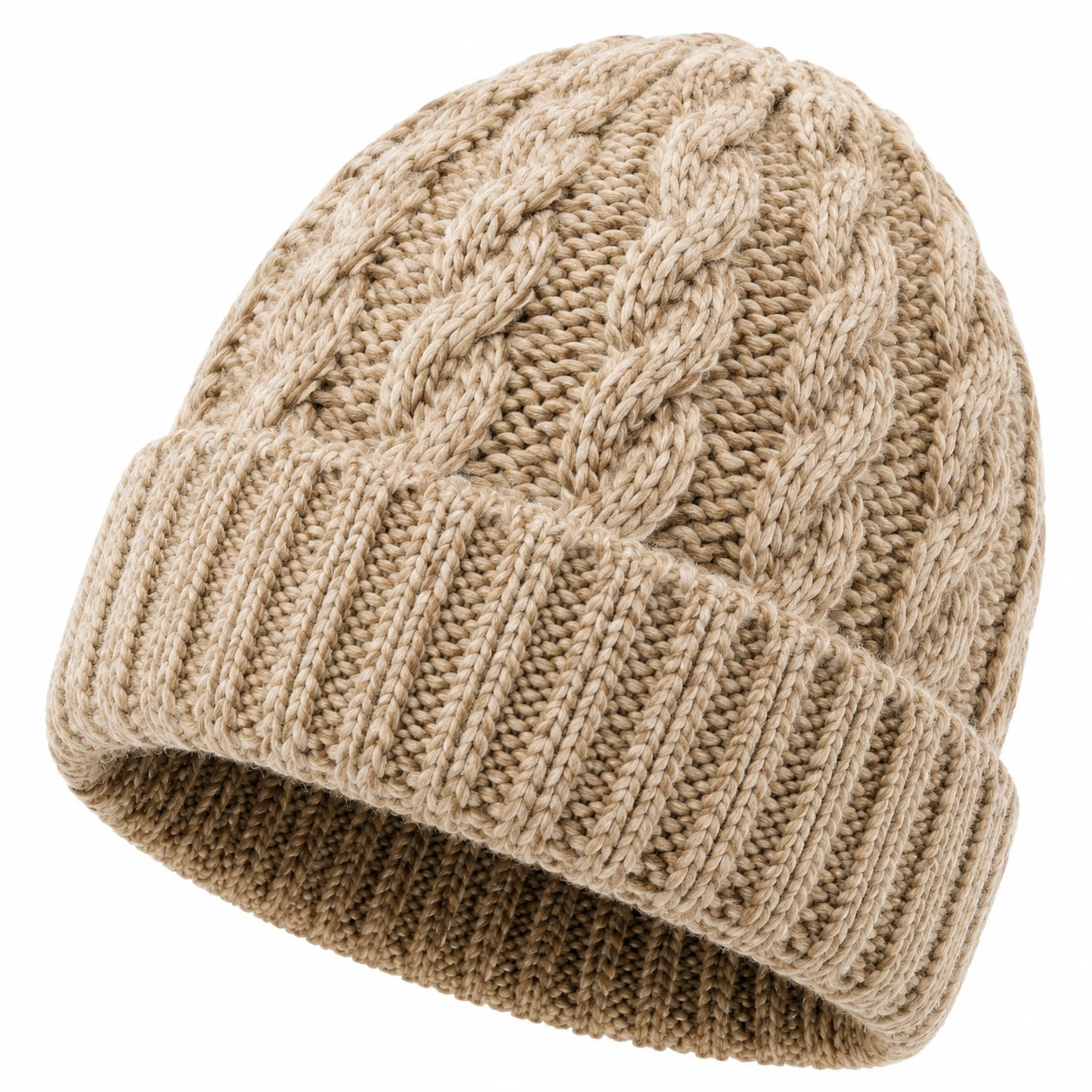 Berretto a Maglia Taglia Unica Beige - Intreccio a Trecce con Risvolto per Uso Quotidiano