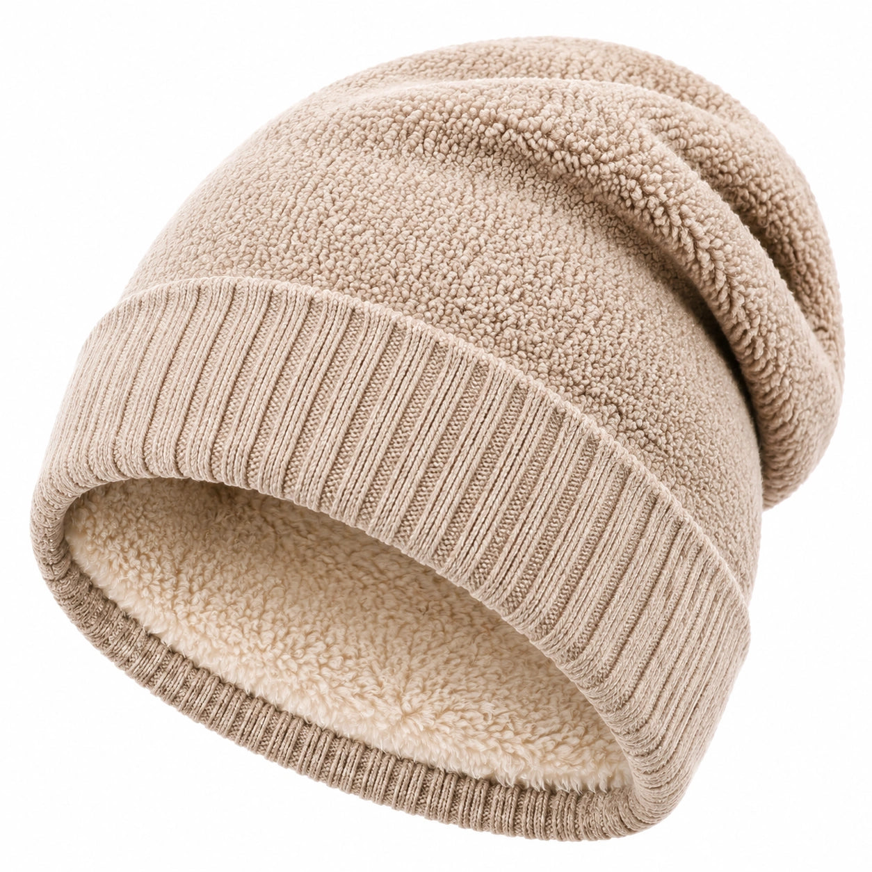 Berretto in pile sherpa beige taglia unica con risvolto caldo
