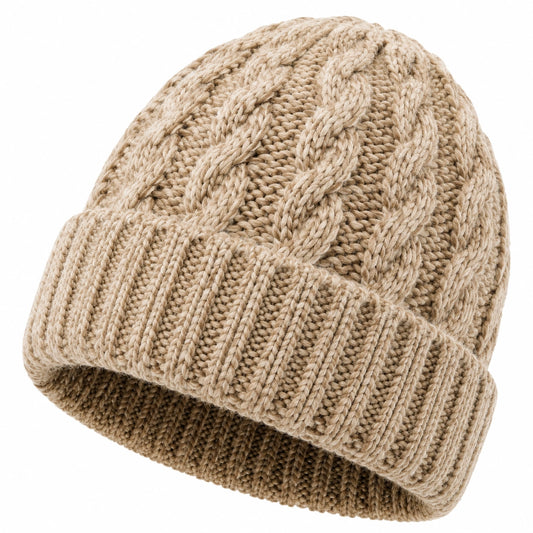 Berretto a Maglia Taglia Unica Beige - Intreccio a Trecce con Risvolto per Uso Quotidiano