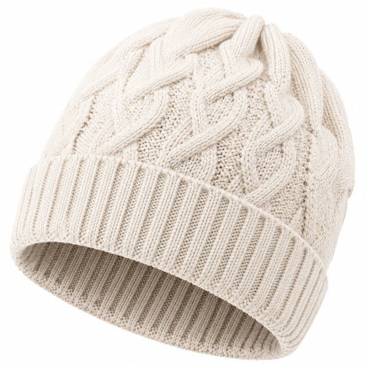 Cappello in maglia taglia unica color crema - lavorazione a trecce con risvolto per inverno