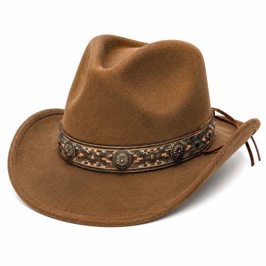 Cappello western taglia unica marrone effetto camoscio con fascia decorativa