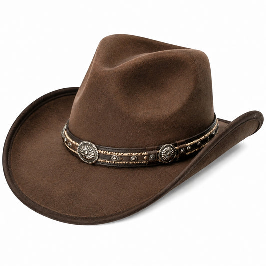 Cappello da cowboy taglia unica marrone effetto scamosciato con fascia decorativa stile western