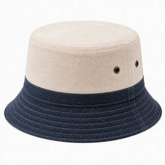 Cappello pescatore taglia unica in tessuto beige e blu navy - tesa morbida