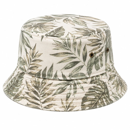 Cappello pescatore taglia unica in tessuto beige e verde con stampa foglie - tesa ampia