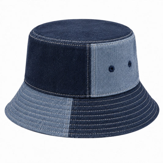 Cappello da pescatore taglia unica in denim blu patchwork con cuciture a vista