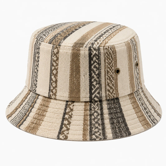 Cappello pescatore taglia unica in tessuto beige marrone e nero a righe stile casual